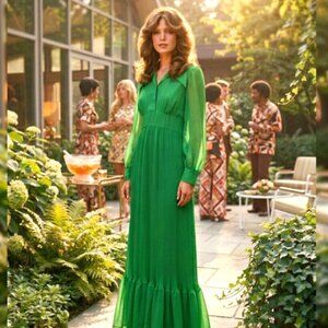Vtg 70s Green Chiffon Accordion Pleat Ruffle Formal Maxi Hostess Dress Gown XL